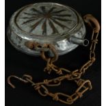 A Middle Eastern tinned copper powder flask or water canteen, 21cm over spout, iron chain