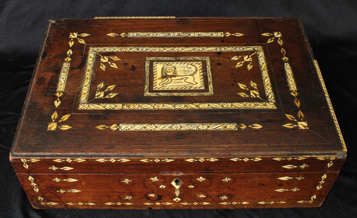 A 19th century Indian hardwood and ivory marquetry rectangular box, hinged cover centred by a - Image 3 of 3