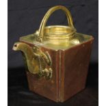 An Arts and Crafts copper and brass tapered square tea kettle, of Japanese inspiration, twin swan