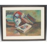 Modern British School Still Life, Books and Vase on a Table indistinctly signed, oil on board,