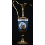 A 19th century gilt metal mounted porcelain ovoid ewer, painted in the manner of Sevres with