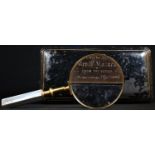 A late 19th century gilt brass connoisseur's hand lens, the magnifying glass with mother of pearl