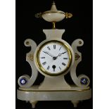 A 19th century Grecian Revival enamel-mounted alabaster mantel clock, 8cm circular dial inscribed