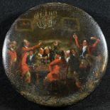 A George III papier mache circular snuff box, the slightly domed cover painted with huntsmen at