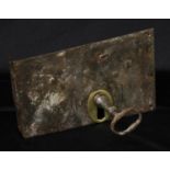 An 18th century iron lock and key, the key 12.5cm wide, the lock-plate, 19.5cm wide, c. 1730