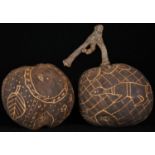Tribal Art - an Australian Aboriginal seed gourd, decorated with stylised animals, 7cm wide; another