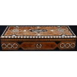 A Middle Eastern rectangular marquetry box, inlaid in the Islamic taste with geometric motifs,