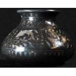 An Indian bidri compressed baluster vase, inlaid in silver with a band of fish, 7.5cm high, 19th