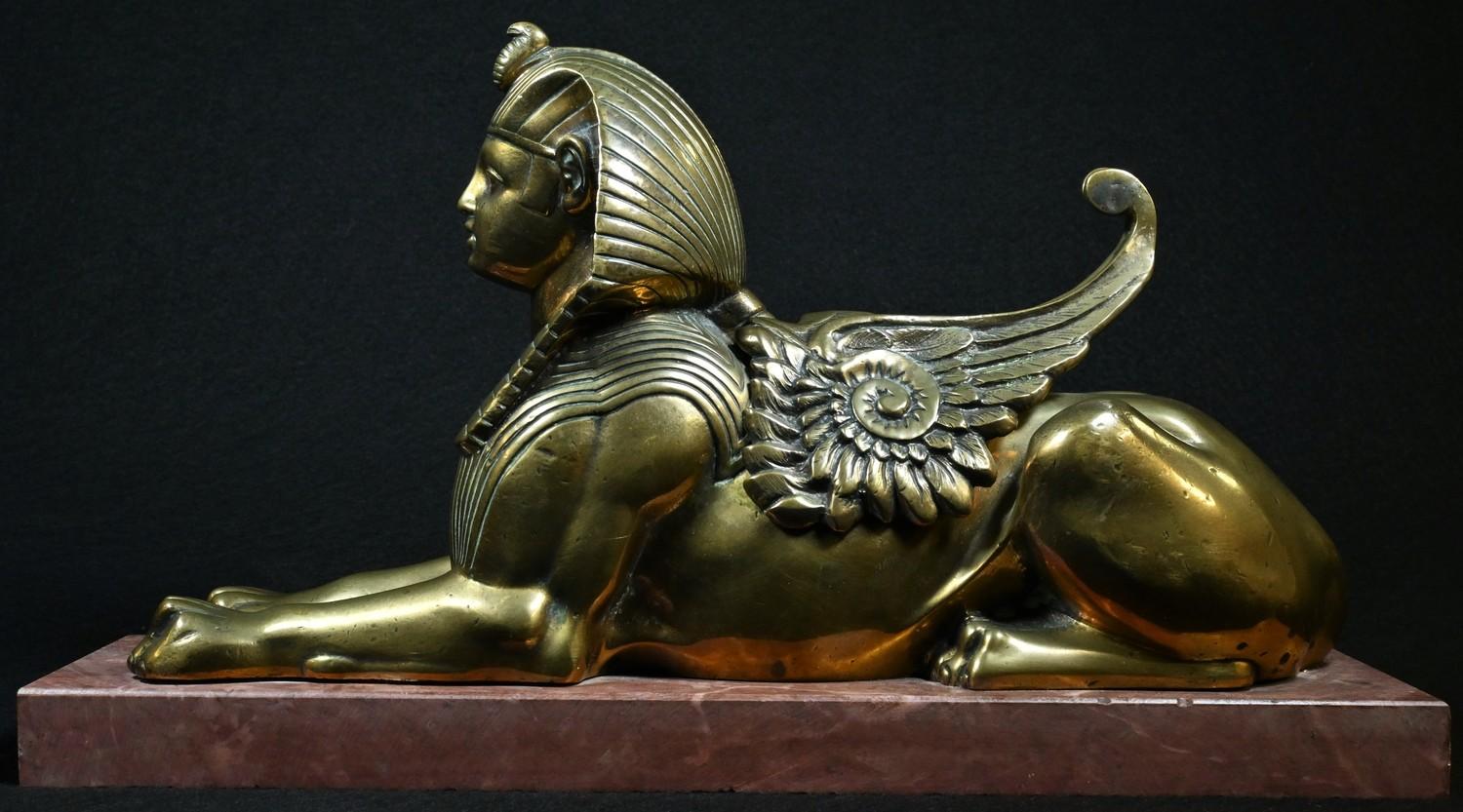 French Egyptian Revival School (19th century), a bronze, of a sphinx, rectangular marble base, - Image 2 of 2