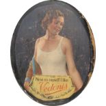 Advertising, Textiles Interest, Vedonis - an oval shaped pictorial showcard, depicting a lady in