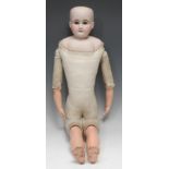 A Bahr & Proschild (Germany) bisque shoulder head doll, kid leather and painted composition body,