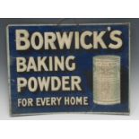 Advertising, Borwick's - a late 19th century rectangular hanging showcard, illustrated with a tin of
