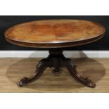 A Victorian walnut circular centre table, moulded top, fluted baluster pillar, cabriole legs