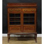 An Edwardian satinwood crossbanded mahogany bookcase, rectangular moulded top above a pair of frieze