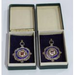 Sport - a pair of silver and enamel swimming medals, Hove Swimming Club, Quarter Mile, awarded to