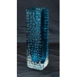 A Whitefriars rectangular shaped nailhead pattern glass vase in kingfisher blue, 20cm high, designed