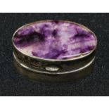 A 925 silver oval patch box, the lid set with Blue John