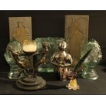 A novelty Knight in Shining armour wine bottle cover; a Murano glass bird; a pair of brass
