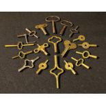 Keys - carriage clock keys; brass clock keys; 18th century clock keys, qty