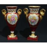 A pair of French Empire style pedestal vases, scrolled swan handles, the central cartouches