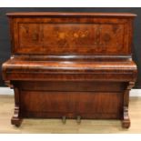 A Victorian burr walnut and marquetry upright piano, by William Squire, London, Full Trichord,