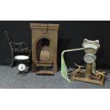 Industrial Salvage - a set of shop balance scales; another, Salter; a cast iron Belfast sink wall