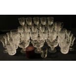 Glassware - a set of six Waterford whisky glasses, a set of six Stuart acid etched sundae dishes,