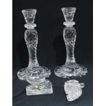 A pair of Waterford crystal candlesticks, 25cm; a Waterford model of a seahorse, faults (3)