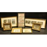 A set of six coloured postcards, Tommy Atkins Courtship, displayed in two frames; a quartet of