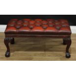 A George II style stool, studded deep button 'rust' leather upholstery, cabriole legs carved to