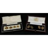 A pair of cased 9ct gold cufflinks, 6.2g; a cased four piece '9ct' gold shirt and collar stud set,