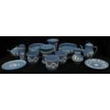 Wedgwood Blue Jasper ware, comprising a pair of pedestal bowls, bough pot, pedestal vase, teapot,