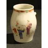 A Chinese polychrome mug, painted with figures at work and play, 14cm, faults
