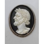 A carved mother of pearl and black glass cameo brooch, classical gentleman in profile, possibly