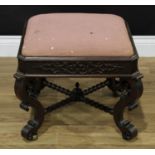 A Chippendale inspired mahogany chamfered square stool, drop-in seat, the frieze applied in the