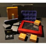 Numismatics - a collection of empty hardwood and other Royal Mint boxes, various; coin trays; etc