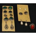 Jewellery - seven pairs of silver and stone set earrings; a silver ring