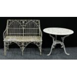 A George III style wirework garden bench, in the Gothic Revival taste, 101cm wide; a Victorian style