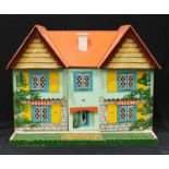 Toys and Juvenalia - a 1950's painted wooden dolls house, tinplate windows and door, various dolls