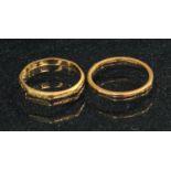 A plain 22ct gold wedding ring band, 1.4g; an octagonal shaped 22ct gold wedding ring band, 1.9g (2)