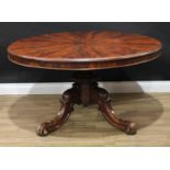 A Victorian mahogany centre table, moulded top with segmented veneers, waisted panelled pillar,