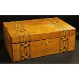 A Victorian Greek key parquetry rectangular writing box, hinged cover enclosing a baize lined