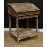 Barn Salvage - an estate made pitch pine work table, of unusual vernacular lecturn proportions,