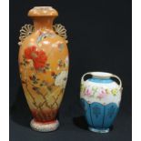 A Japanese Noritake compressed ovoid vase, printed with a band of summer flowers, on a turquoise