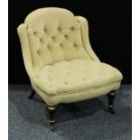 A late Victorian parcel-gilt and ebonised drawing room chair, deep-button back, stuffed-over