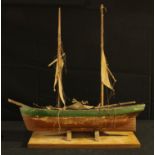 An early 20th century pond yacht model ship, oak display wall bracket