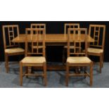 A contemporary oak trestle type dining table, by Topknot, rectangular top, quad-columnar supports,