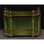 A Continental painted and parcel gilt wall shelf, urnular finials, Doric pillars, 60cm wide, 18th/