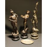 A French spelter allegorical figure of a torch bearer, 49cm high; others; a small Chinese bronzed