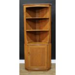 An Ercol elm corner display cabinet, shallow cornice above two open shelves above a door enclosing a